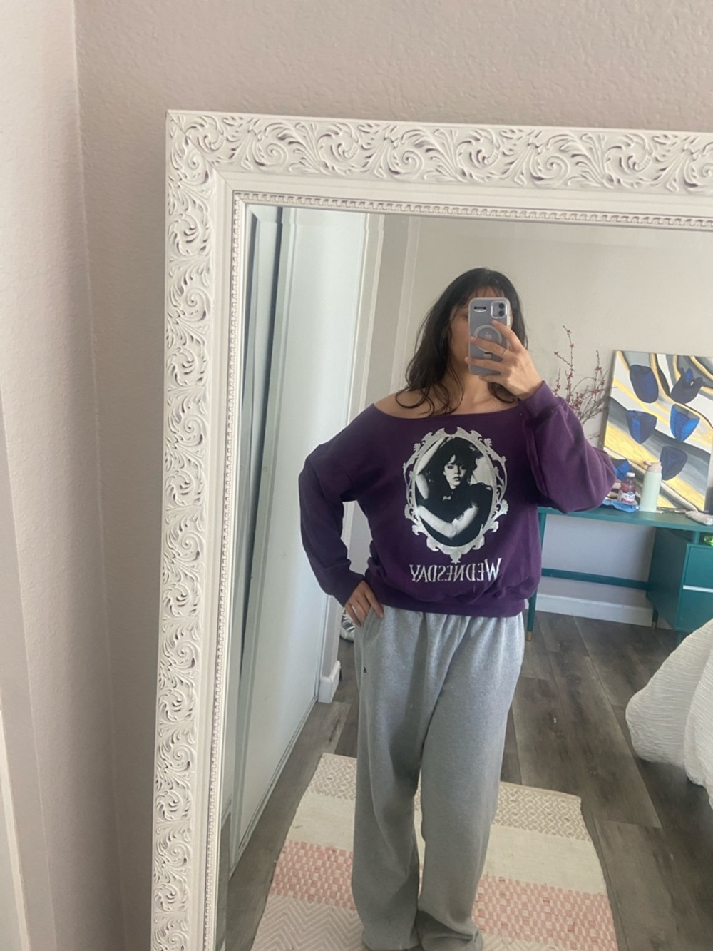Off-the-Shoulder Purple Graphic “Wednesday” Sweater
